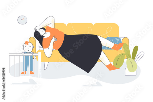Exhausted mother on sofa and baby in crib vector illustration. Cartoon drawing of woman struggling with sleeping due to noisy child, sleep deprivation. Insomnia, motherhood, depression, stress concept