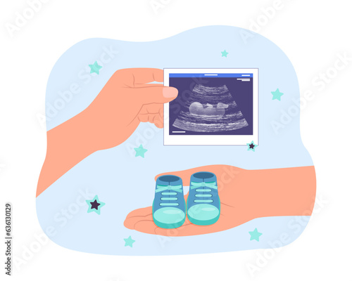 Hands of parents with baby shoes and ultrasound scan. Hands of future mother and father with child boots and baby scan vector illustration. Pregnancy, childbirth, medicine, parenthood concept