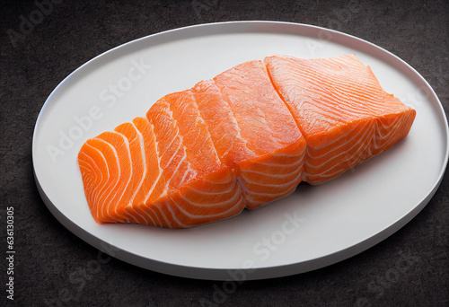 Salmon cut into large pieces put on a white plate realistic white background. Generative AI