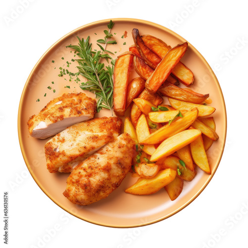 Close up of chicken breast and fried potatoes on a transparent background plated