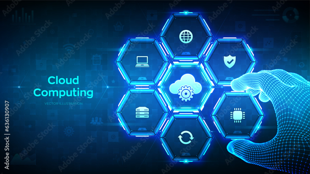 Cloud computing service. Cloud storage connection hi-tech concept. Wireframe hand places an element into a composition visualizing Cloud technology business processes. Vector illustration. Cloud computing service. Cloud storage connection hi-tech concept. Wireframe hand places an element into a composition visualizing Cloud technology business processes. Vector illustration.