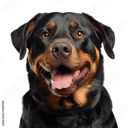 Rescued Rottweiler smiling in studio with tongue out and light transparent background