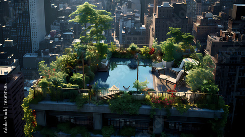 A rooftop garden oasis atop a city skyscraper