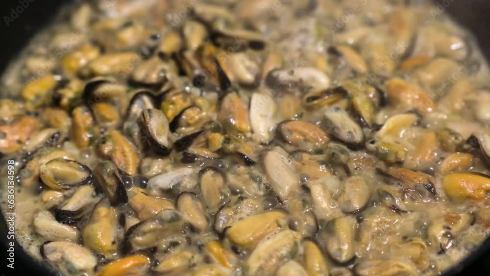 Mussels are cooking in a frying pan, the sauce is boiling, steam is rising from the frying mussels. Close-up video of cooking shellfish. Mussels are fried in a pan. Mussels are cooking in a frying pan, the sauce is boiling, steam is rising from the frying mussels. Close-up video of cooking shellfish. Mussels are fried in a pan.