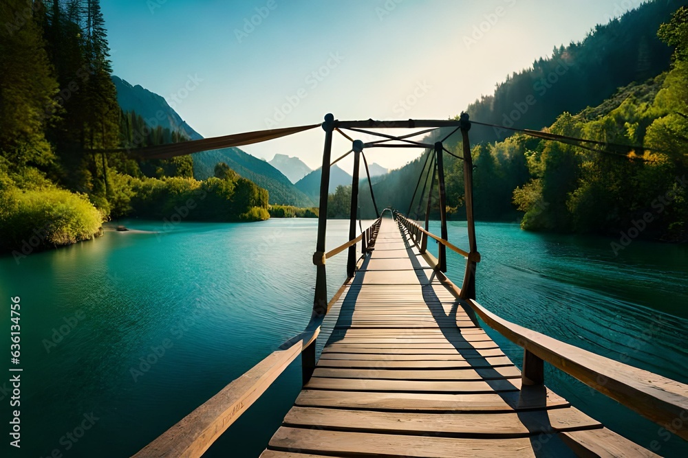 Naklejka premium A serene wooden rope bridge suspended over a rushing river