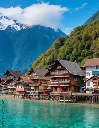 The pretty little town of Borneo in Switzerland has wooden houses lined by the sea and beautiful views of the Alps.