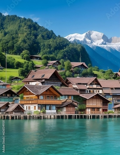 The pretty little town of Borneo in Switzerland has wooden houses lined by the sea and beautiful views of the Alps.