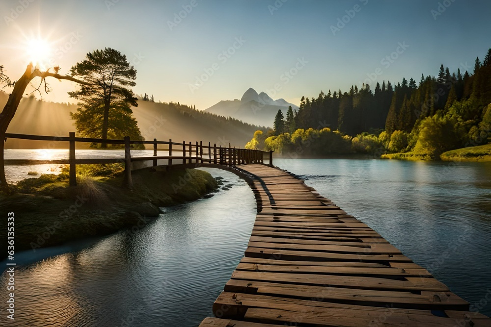 Fototapeta premium A serene wooden rope bridge suspended over a rushing river