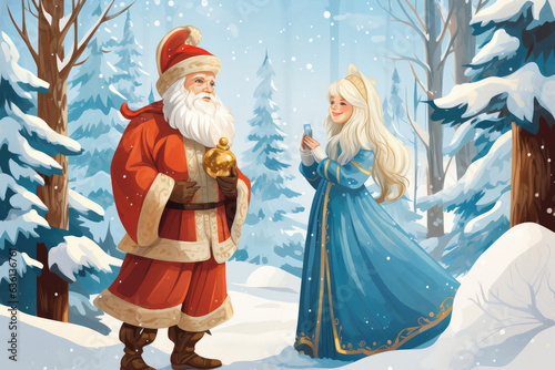 Illustration of Russian Ded Moroz and Russian Snow Maiden in the winter forest