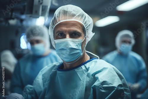 Portrait of caucasian male surgeon in medical mask in operating room, doctors assistants in hospital on surgery