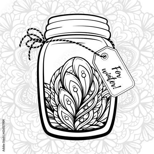 Mason jar with floral doodles contents antistress coloring page. Black and white vector graphic.