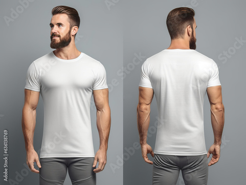 Six pack man wearing white t shirt in front and back view