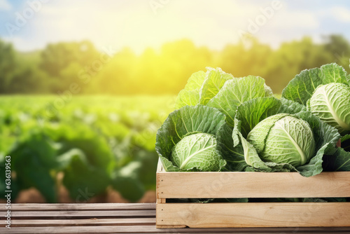 Wooden crate full of freshly picked ripe cabbage on wooden table with the field on background