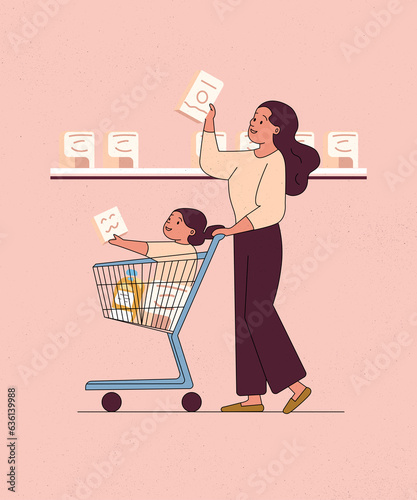A mother and child are shopping in a grocery store. photo