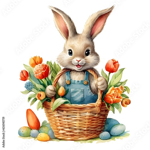 Cute easter bunny with a basket full of flowers