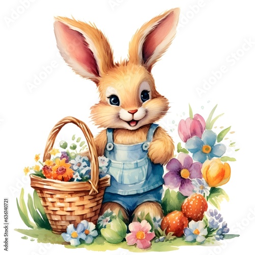 Cute easter bunny with a basket full of flowers