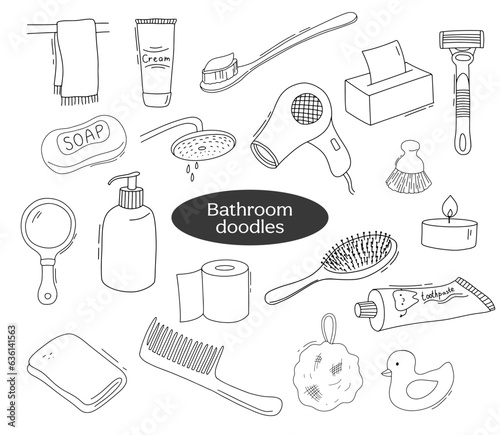 Set of items for the bathroom. Doodle vector line illustrations for spa salon or hair salon. Comb, toothbrush and paste, soap