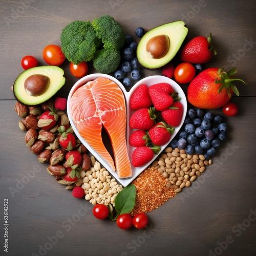 Diet choice heart health concept. heart one shaped of green vegetables fruit Heart disease and food medical health care. Generative ai