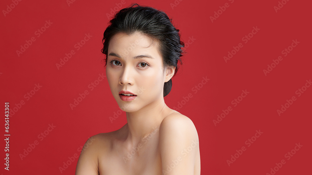 Beautiful young asian woman with clean fresh skin on red background, Face care, Facial treatment, Cosmetology, beauty and spa, Asian women portrait. Beautiful young asian woman with clean fresh skin on red background, Face care, Facial treatment, Cosmetology, beauty and spa, Asian women portrait.