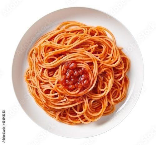 Spaghetti with sause in a white plate isolated on transparent background, top view