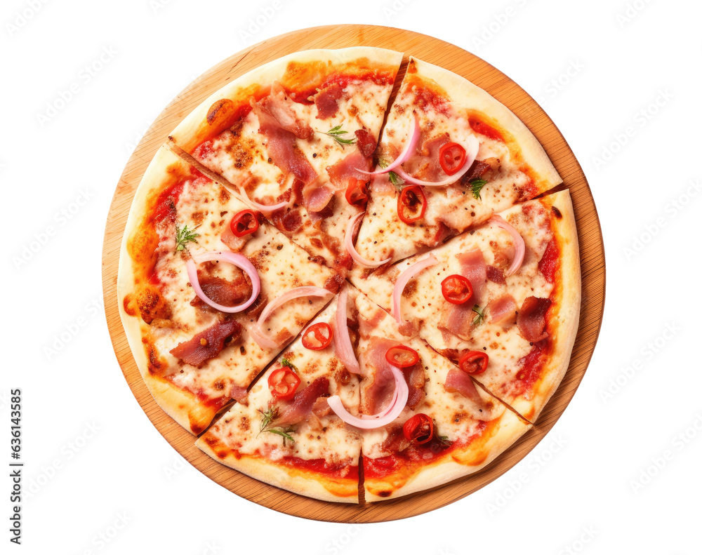 Pizza with bacon on wooden board isolated on transparent background, top view