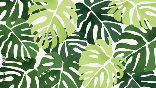Abstract foliage botanical background vector. Green watercolor wallpaper of tropical plants, monstera, leaf branches, leaves. Foliage design for banner, prints, decor, wall art, decoration.