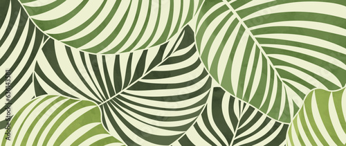 Abstract foliage botanical background vector. Green watercolor wallpaper of tropical plants, palm leaves, leaf branches, leaves. Foliage design for banner, prints, decor, wall art, decoration.