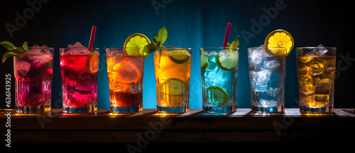 An assortment of mixed drinks against a dark background