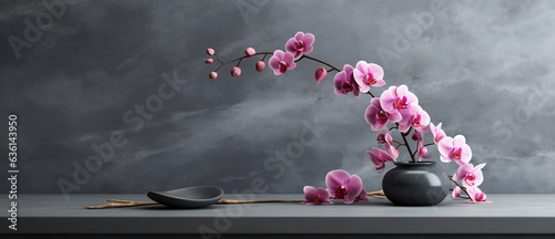 Blooming pink orchid against a dark wall. Simple elegant floral arrangement.