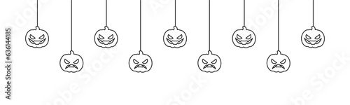 Happy Halloween banner or border with jack o lantern pumpkins outline doodle. Hanging Spooky Ornaments Decoration Vector illustration, trick or treat party invitation