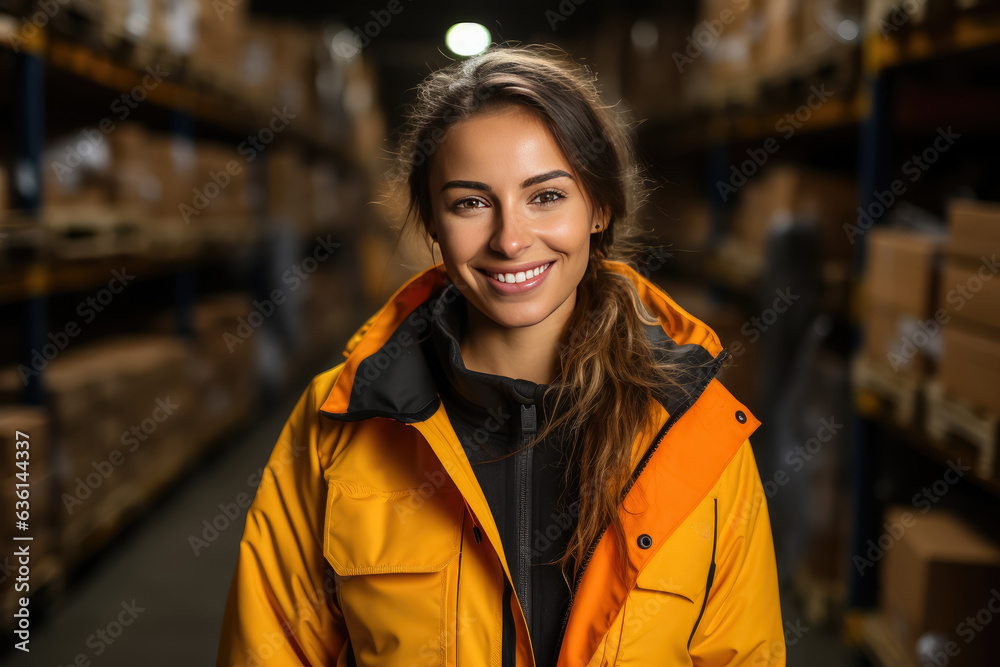 Portrait of middle aged worker holding a tablet standing in large warehouse , Employee in logistics company near warehouse racks , Created with Generative Ai Technology Portrait of middle aged worker holding a tablet standing in large warehouse , Employee in logistics company near warehouse racks , Created with Generative Ai Technology
