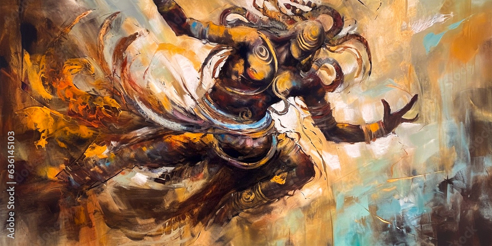Shiva is one of the most important Hindu deities. He is often depicted dancing in a trance-like state called Tandava. The dance symbolizes the continuous cycle of creation, preservation   - obrazy, fototapety, plakaty 