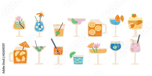 set of cocktails drawn in flat style. bar, beach, rest. vector hand drawn illustration.