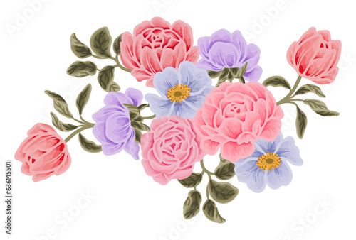 Fototapeta Naklejka Na Ścianę i Meble -  Hand drawn flower bouquet illustration arrangements with colorful rose, peony, floral bud, and green leaf branch elements