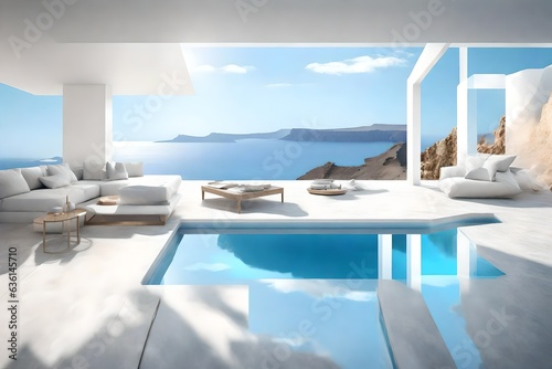 Luxury beach and pool property on Santorini island 3d rendering