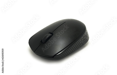 cross angle of black wireless mouse isolated on white background