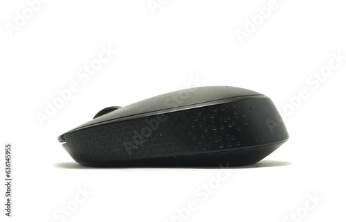 cross angle of black wireless mouse isolated on white background