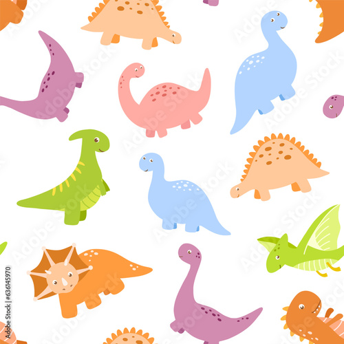 Seamless pattern with cute little baby dinosaur. Vector colorful illustrations on white background for kids