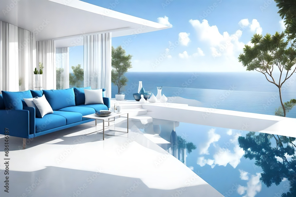 Wide view outdoor terrace Modern white living room blue sofa with infinity pool in front of beautiful sea, Postproducted 3d rendering