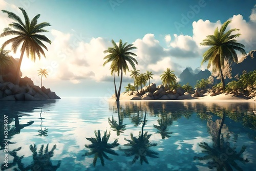 tropical island with palm trees and sea 3d rendering