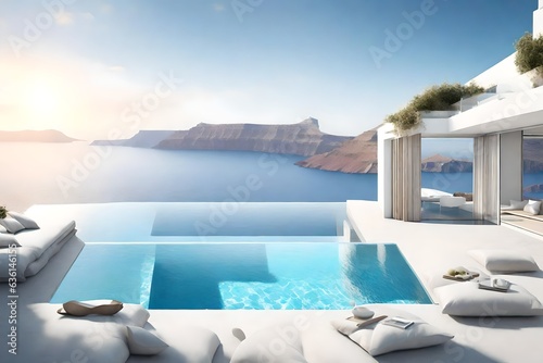 Luxury beach and pool property on Santorini island 3d rendering © Ahtesham