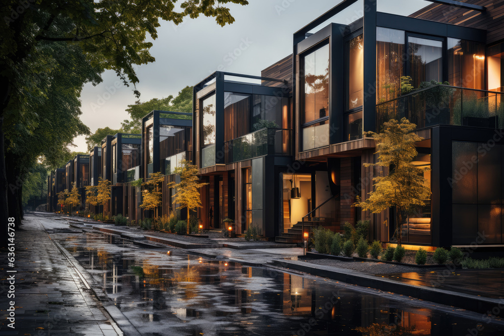 Street with modern modular private townhouses. Appearance of residential architecture. Generative AI