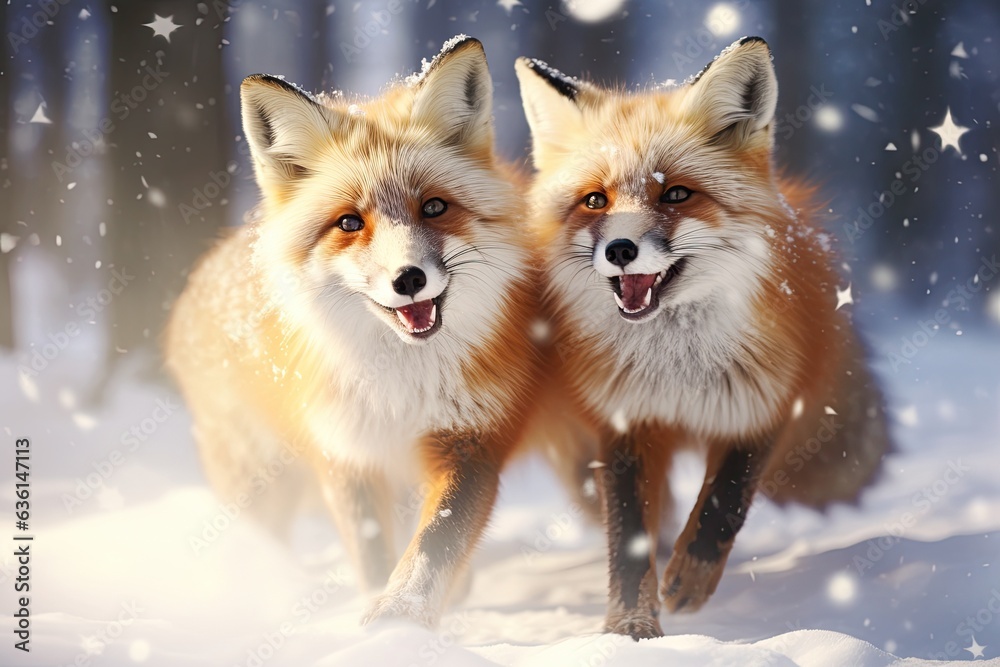 Playful red foxes amidst snowy landscape, displaying natural beauty and winter elegance. Nature's marvel.