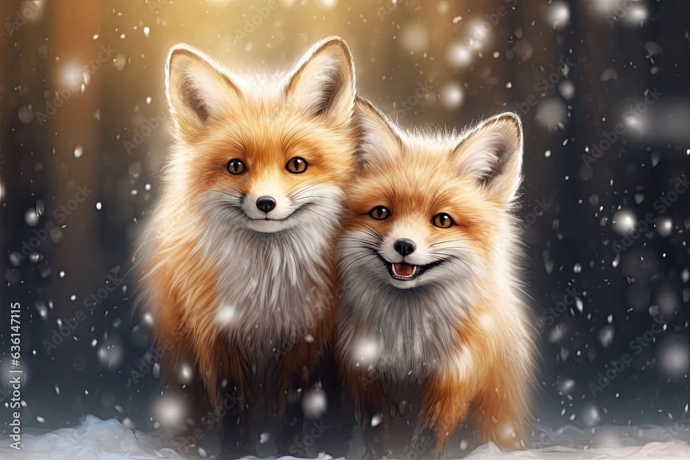 Obraz premium Charming red fox pair romps through snowy terrain - delightful winter wildlife moment. Concept of energetic red foxes in snowy wonderland.