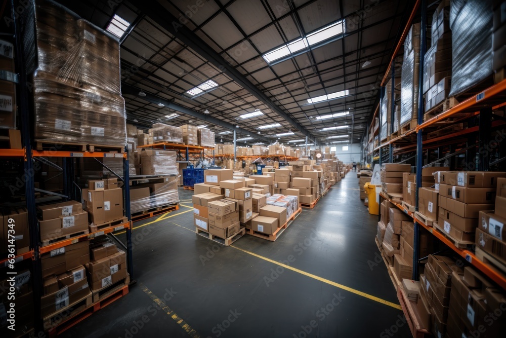 Boxes in mega store industrial with generative Ai, Wide shot.