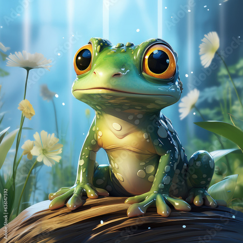 cute frog cartoon in forest near white flowers