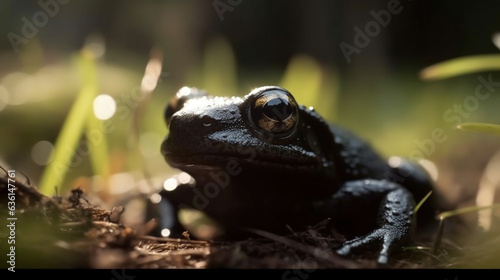 macro photo of a black frog