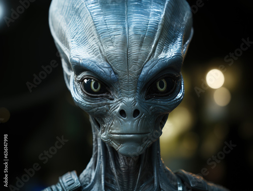 portrait of a reptilian grey blue alien male with alien eyes