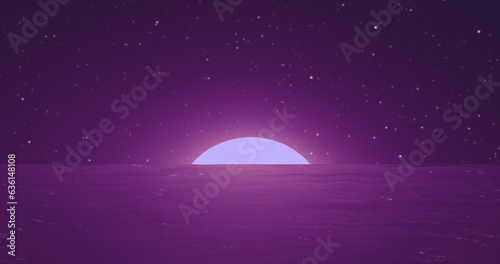 Abstract purple moon over water sea and horizon with reflections background