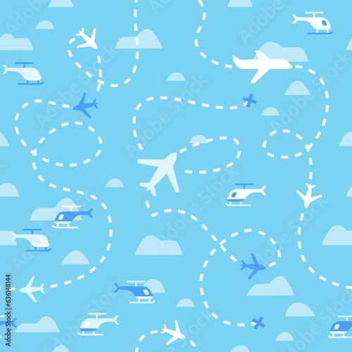 Airport Planes Seamless Pattern. Vector Illustration of Sky, Airplanes, Clouds, Helicopters Seamless Patterns.